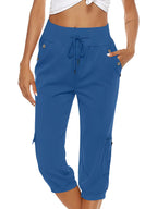 Pantalon capri femme à taille élastique, six coloris, bleu