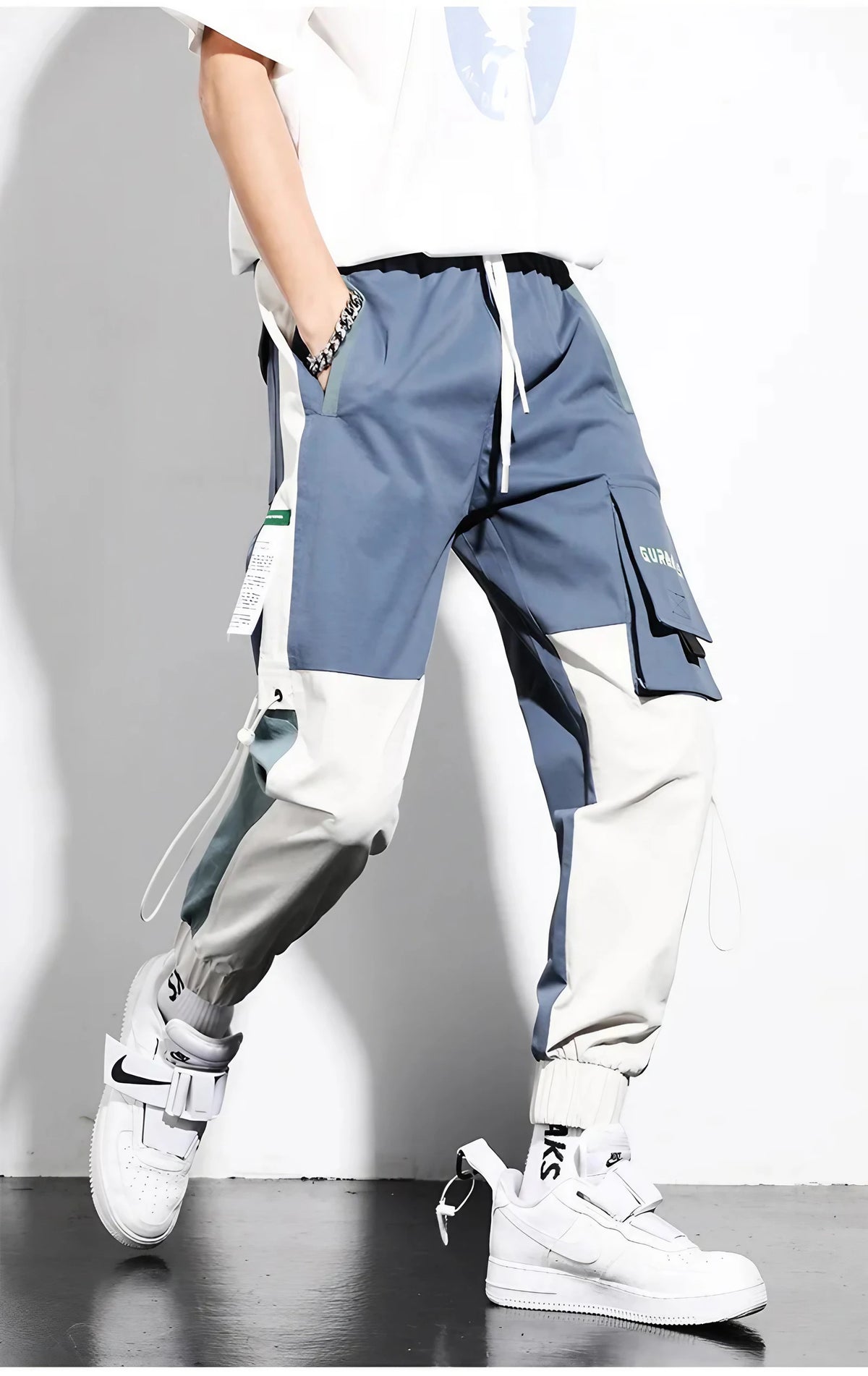 Pantalon cargo jogger homme bicolore bleu, taille élastiquée