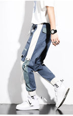Pantalon cargo jogger homme bicolore bleu, taille élastiquée
