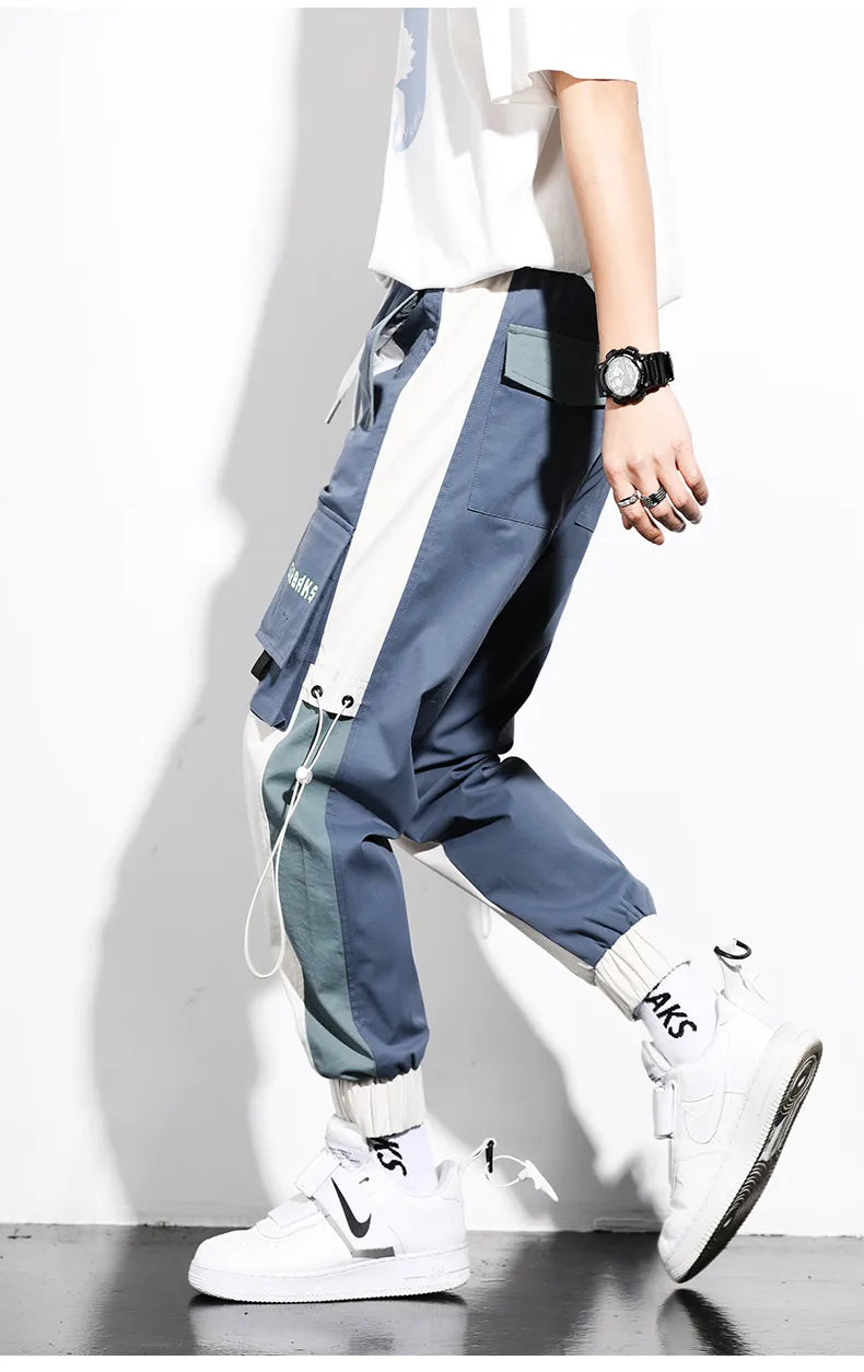 Pantalon cargo jogger homme bicolore bleu, taille élastiquée