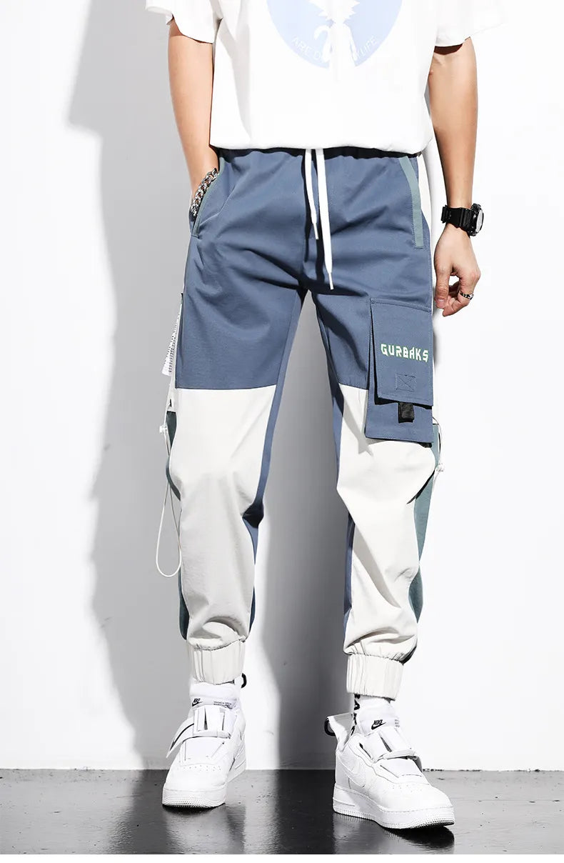 Pantalon cargo jogger homme bicolore bleu, taille élastiquée
