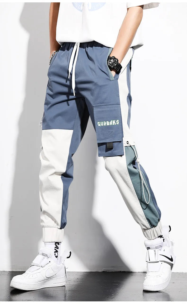 Pantalon cargo jogger homme bicolore bleu, taille élastiquée