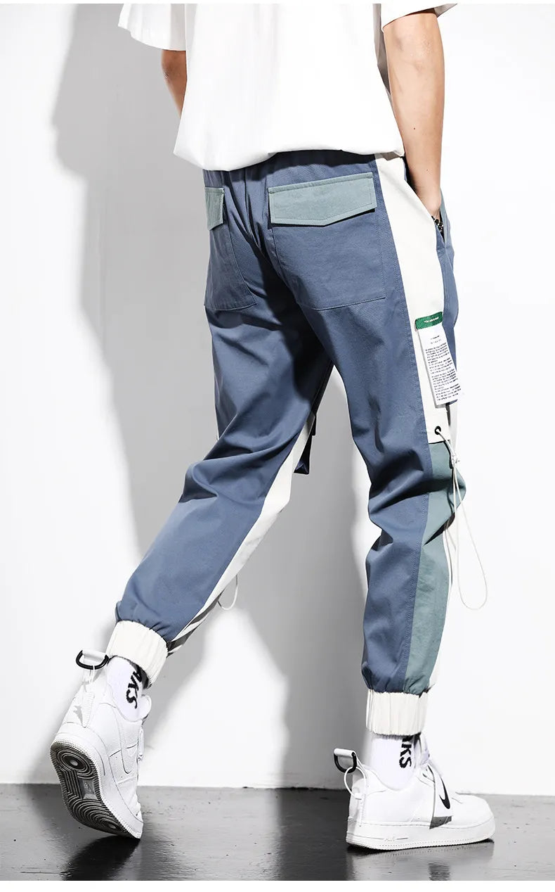Pantalon cargo jogger homme bicolore bleu, taille élastiquée