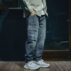 Pantalon cargo homme bleu, coupe droite, grandes poches latérales, bleu
