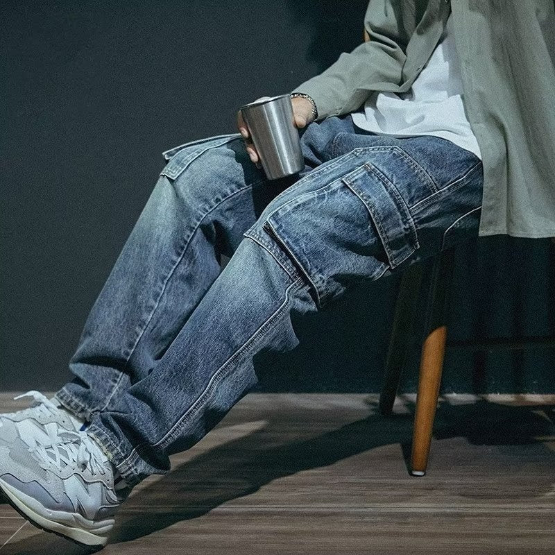 Pantalon cargo homme bleu, coupe droite, grandes poches latérales
