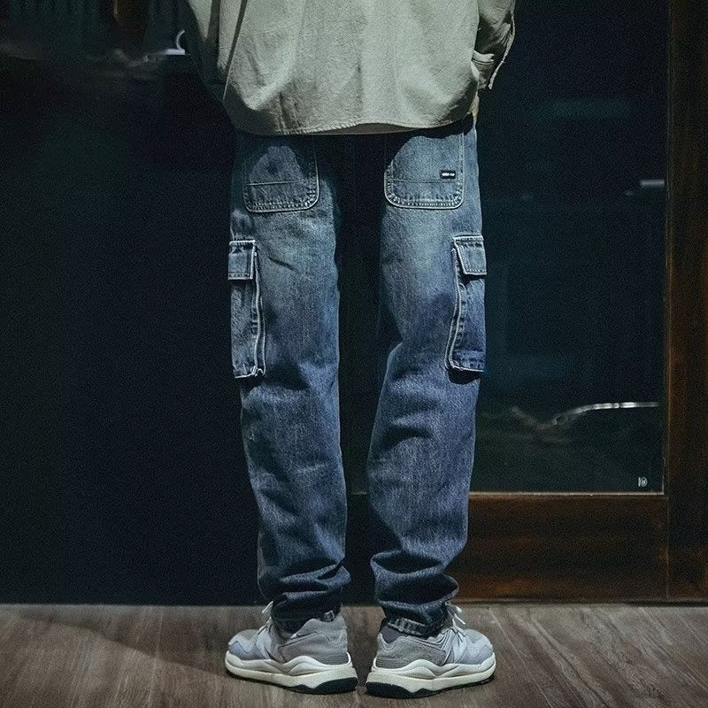 Pantalon cargo homme bleu, coupe droite, grandes poches latérales