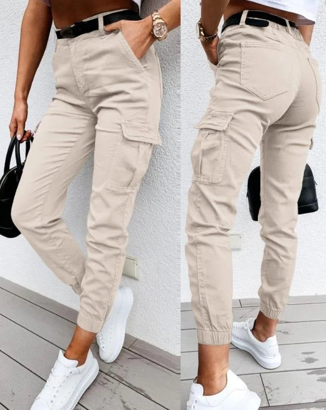 Pantalon cargo femme taille haute, coupe fuselée, du XS au 3XL, beige