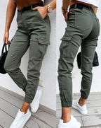 Pantalon cargo femme taille haute, coupe fuselée, du XS au 3XL, vert
