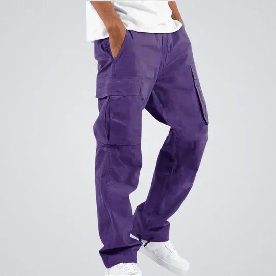 Pantalon cargo homme coupe droite, poches multiples, sept coloris, pourpre