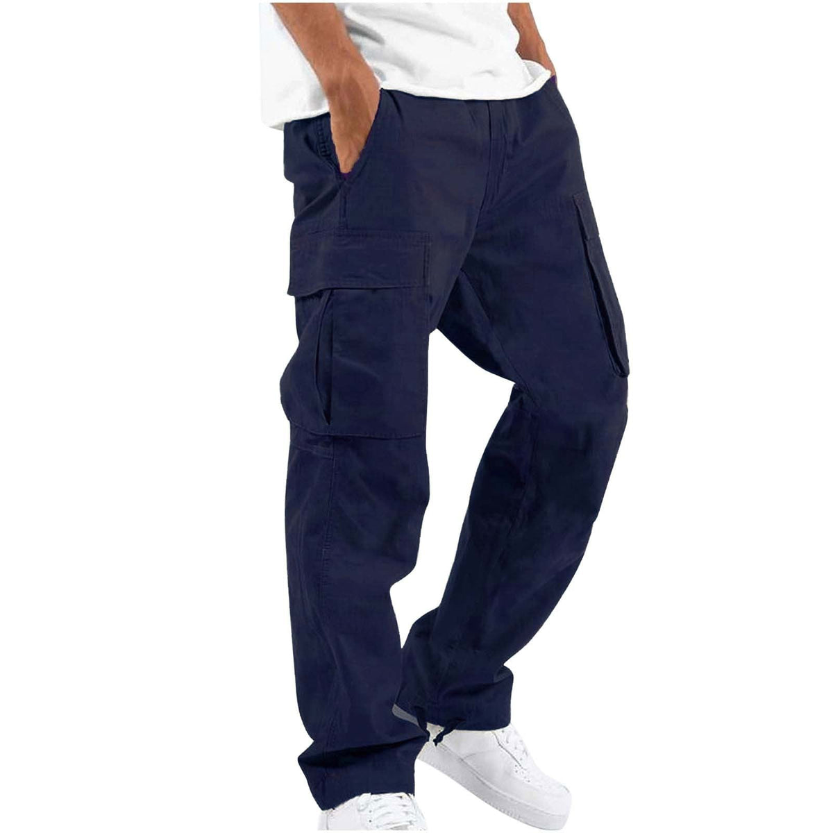 Pantalon cargo homme coupe droite, poches multiples, sept coloris, bleu foncé