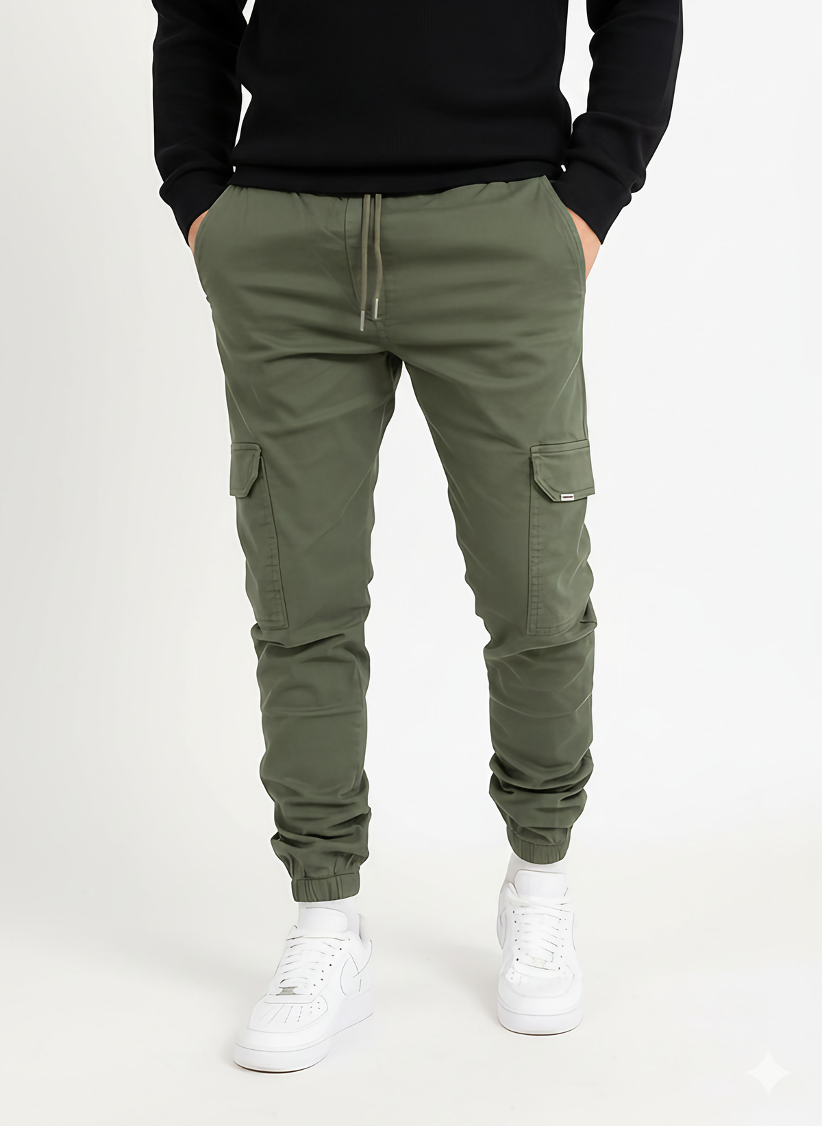 Pantalon cargo homme taille élastique à cordon, six coloris, vert