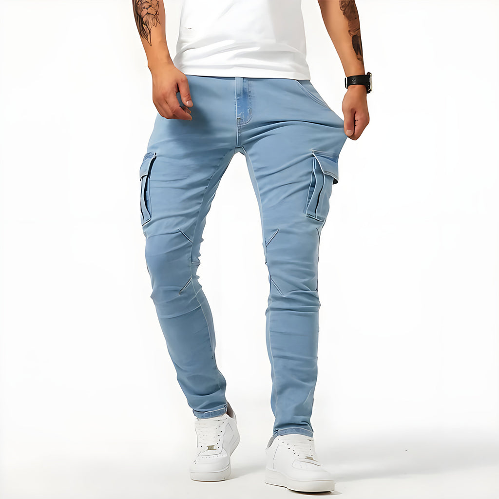 Pantalon cargo homme coupe ajustée, poches multiples, bleu