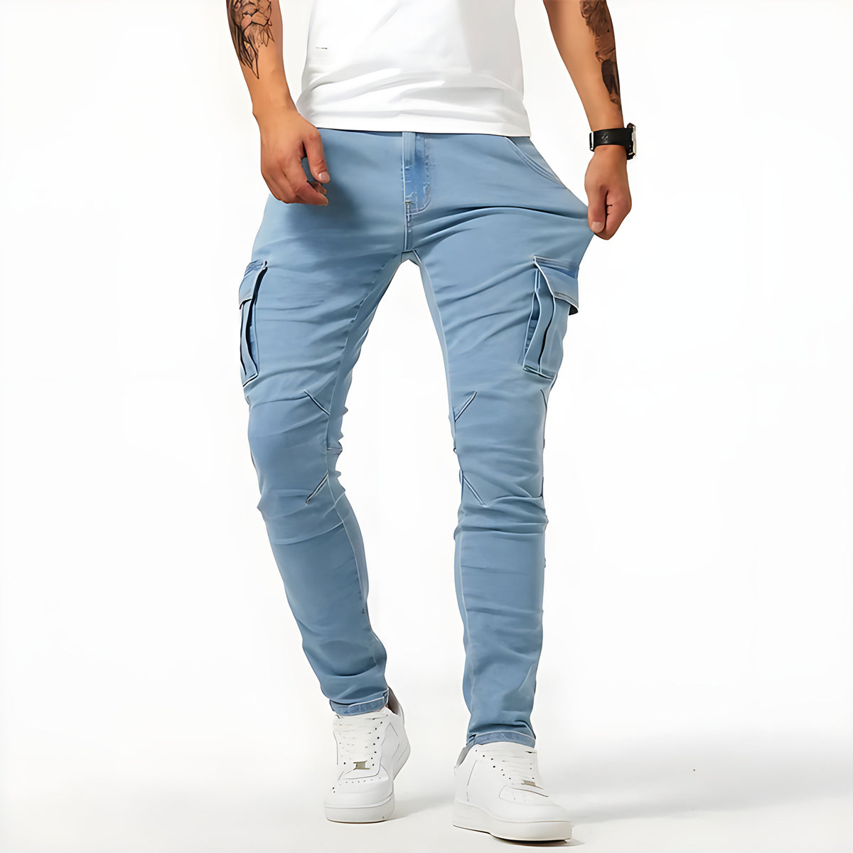 Pantalon cargo homme coupe ajustée, poches multiples, bleu