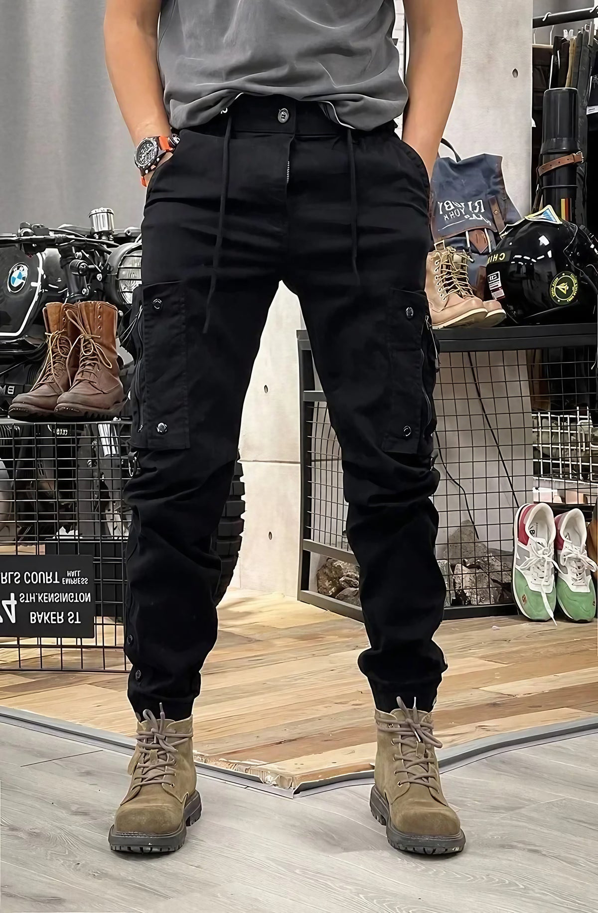 Pantalon cargo stretch homme, avec ou sans poches cargo, noir, avec poches cargo