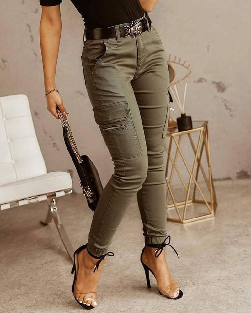 Pantalon cargo skinny femme taille mi-haute, du 36 au 44, vert
