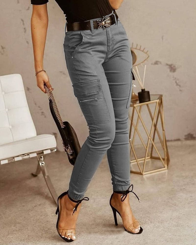 Pantalon cargo skinny femme taille mi-haute, du 36 au 44, gris