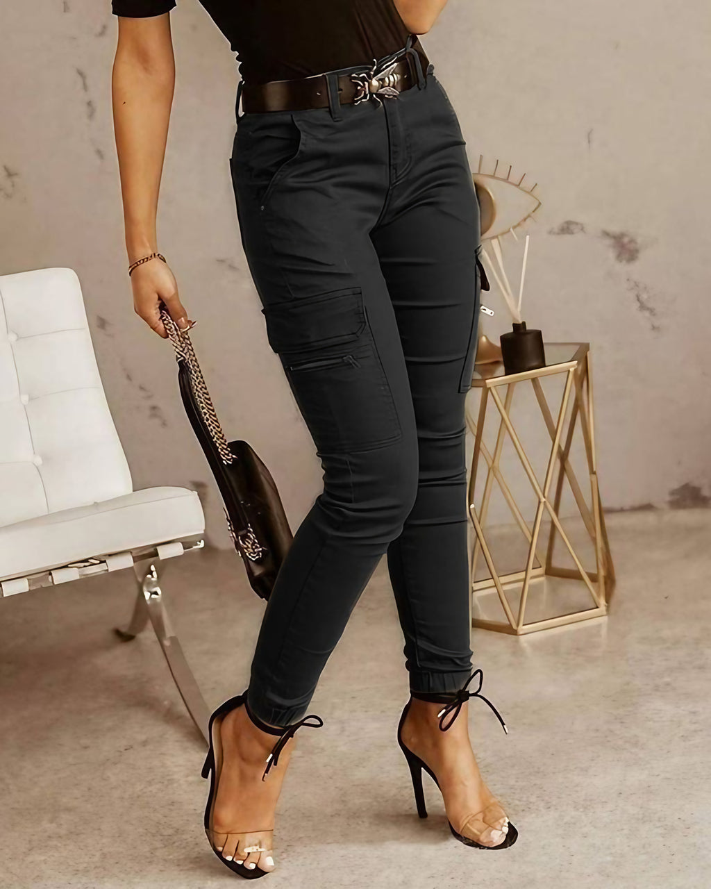 Pantalon cargo skinny femme taille mi-haute, du 36 au 44, noir