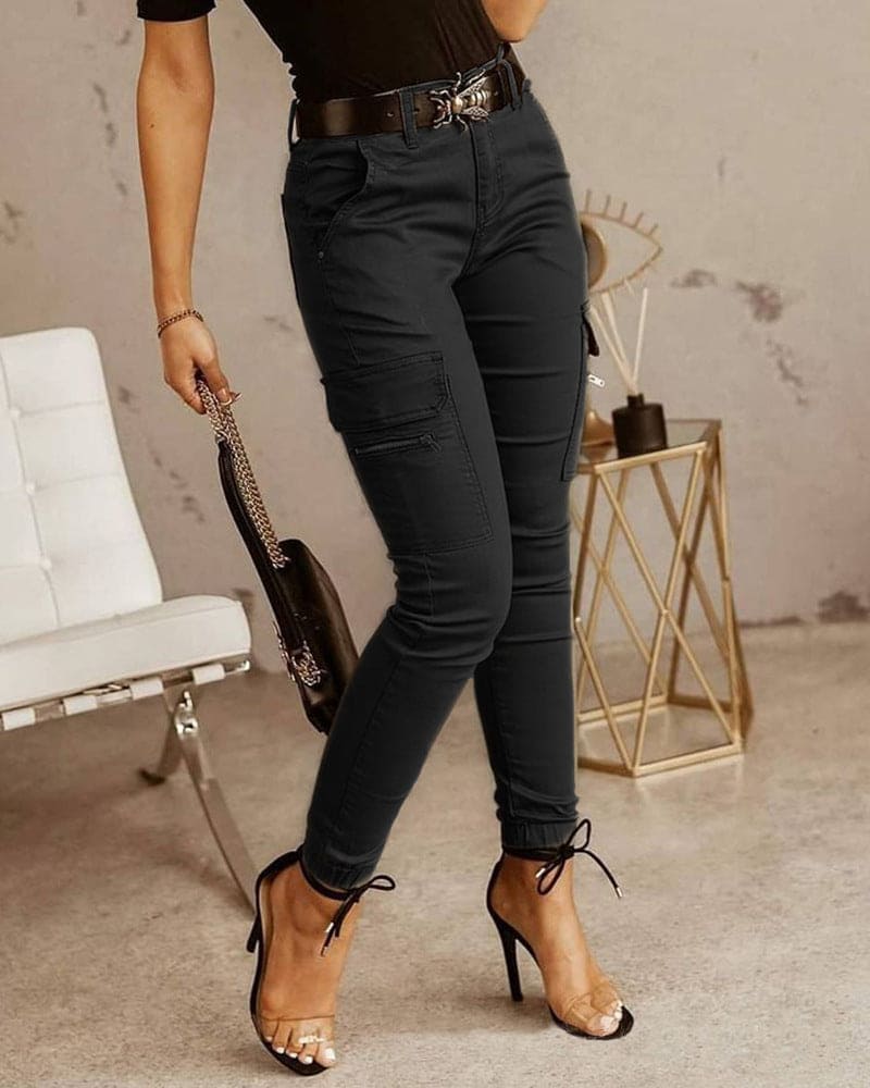 Pantalon cargo skinny femme taille mi-haute, du 36 au 44, noir