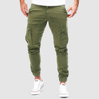 Pantalon cargo slim homme, chevilles élastiques, quatre coloris, vert