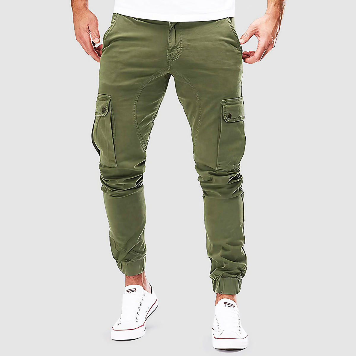 Pantalon cargo slim homme, chevilles élastiques, quatre coloris, vert