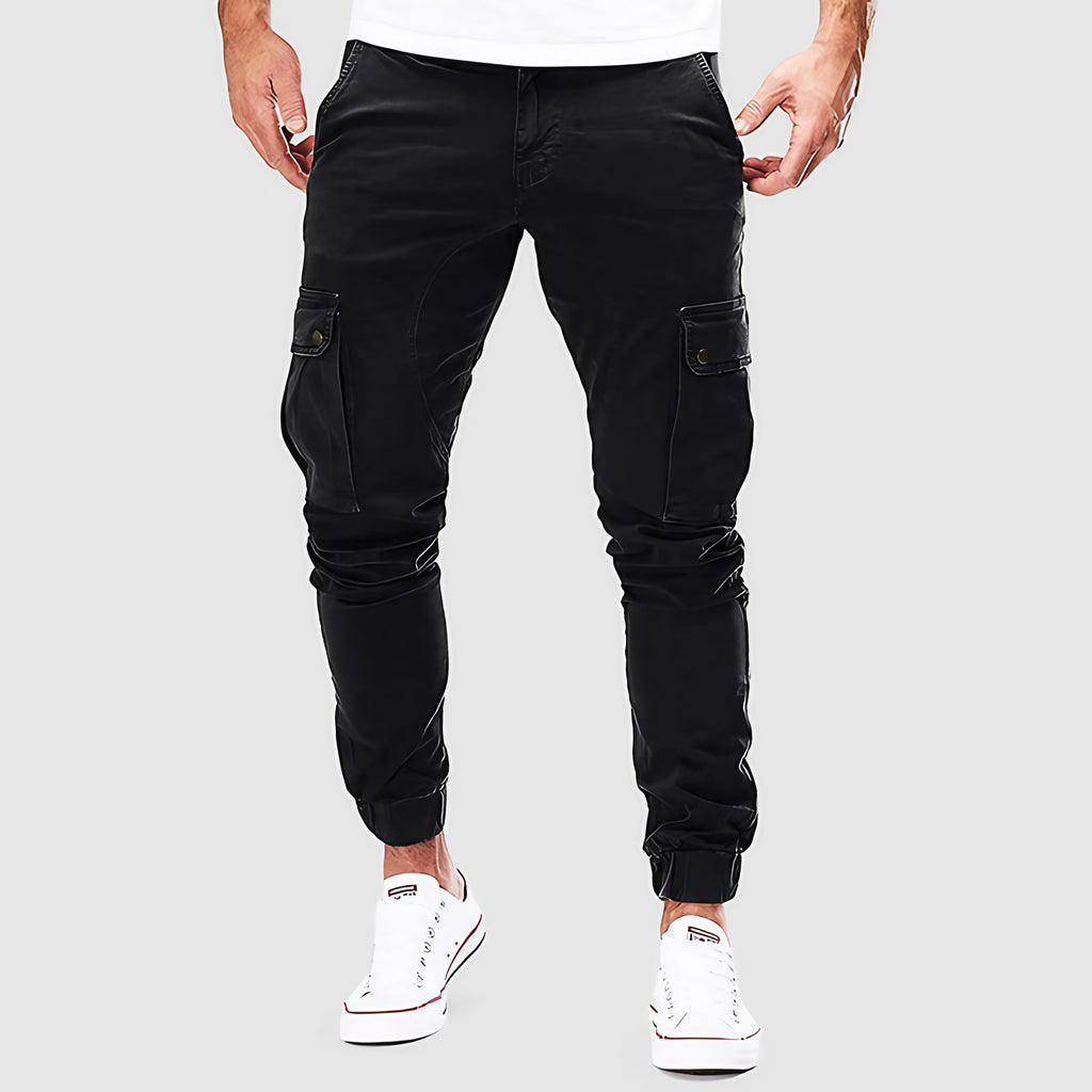 Pantalon cargo slim homme, chevilles élastiques, quatre coloris, noir