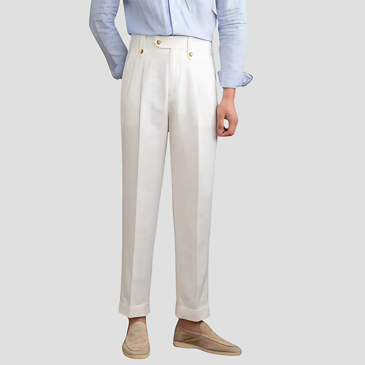 Pantalon à pinces homme blanc, taille haute à double bouton, blanc