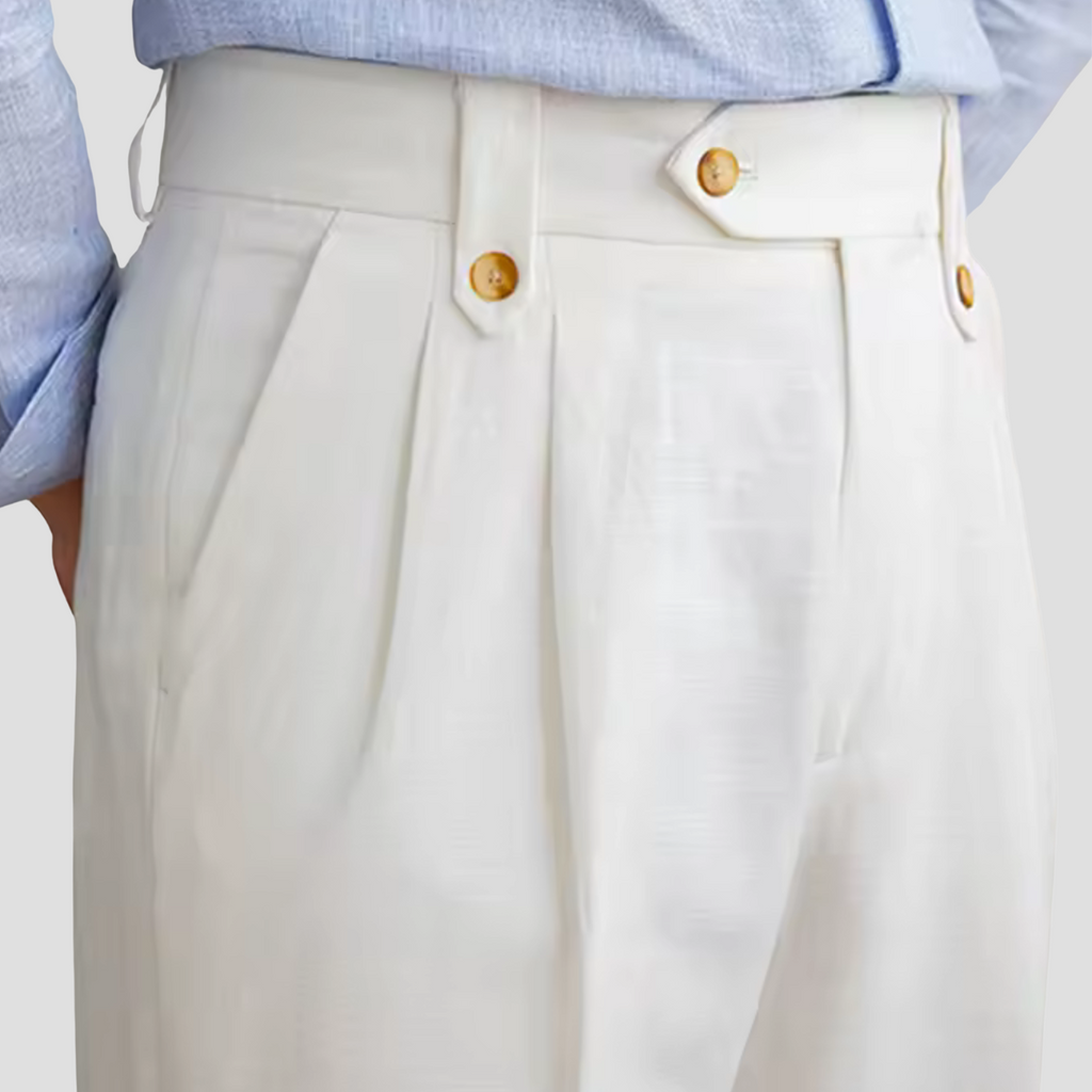 Pantalon à pinces homme blanc, taille haute à double bouton