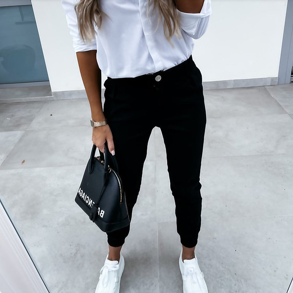 Pantalon chino femme à coutures décoratives, trois coloris, noir