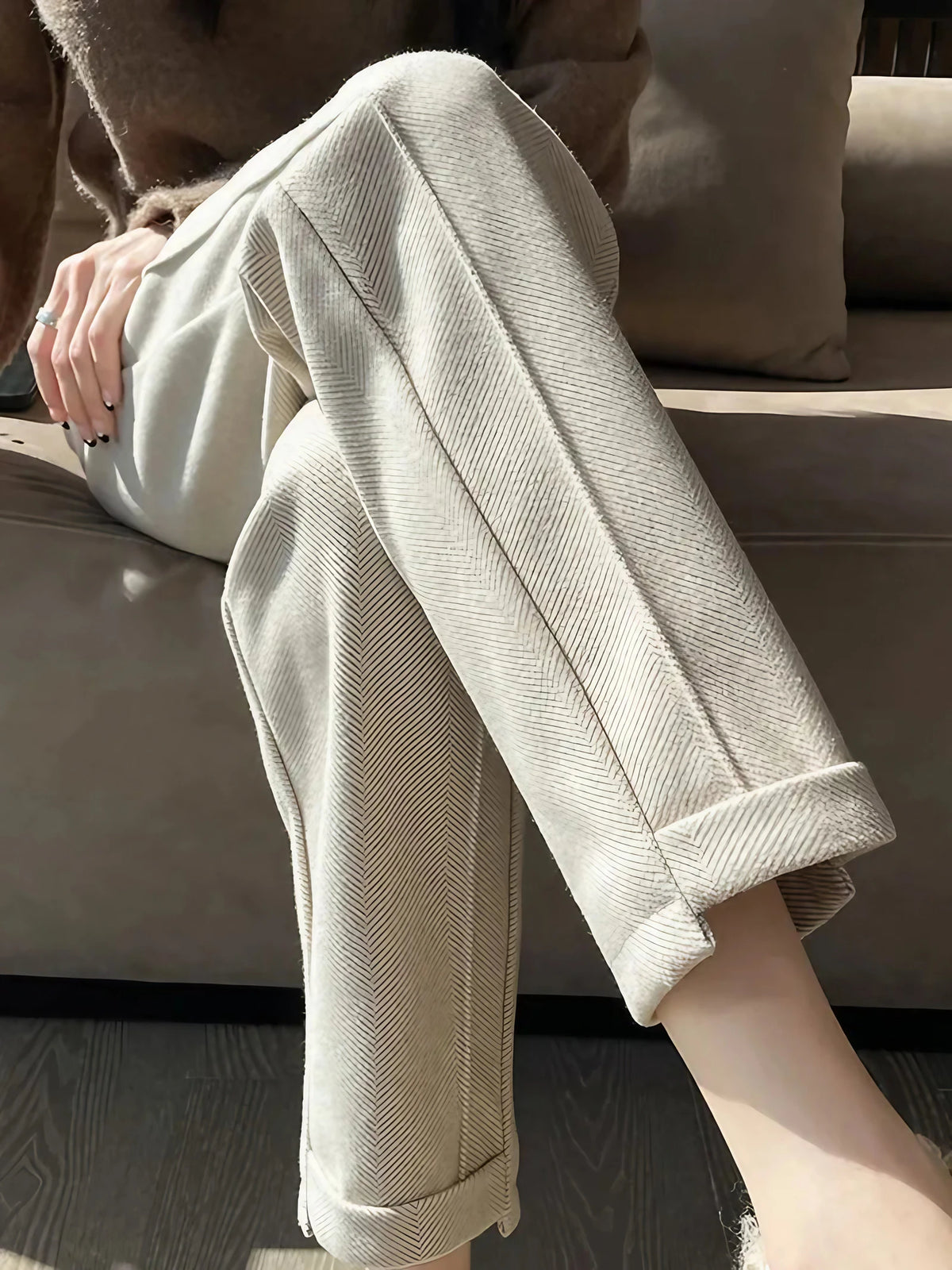 Pantalon crayon femme en tweed de laine, taille haute, abricot