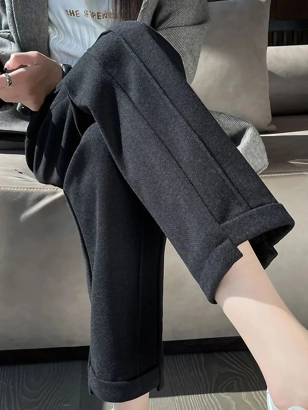 Pantalon crayon femme en tweed de laine, taille haute, noir