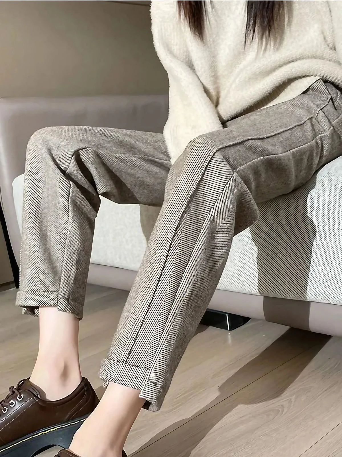 Pantalon crayon femme en tweed de laine, taille haute, kaki