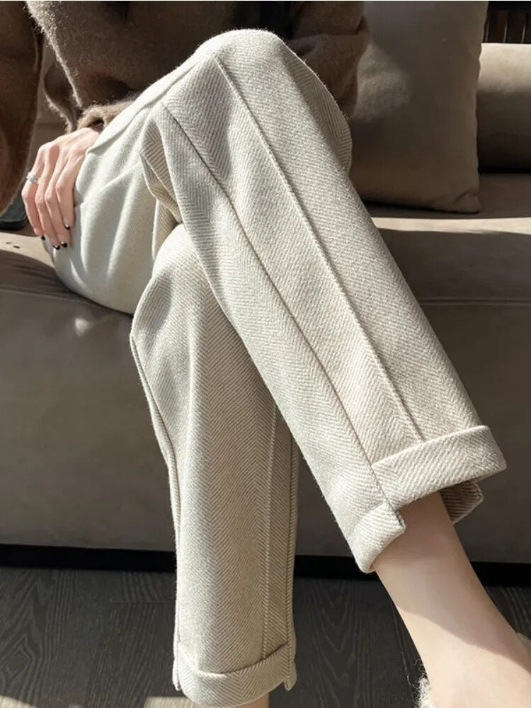 Pantalon crayon femme en tweed de laine, taille haute