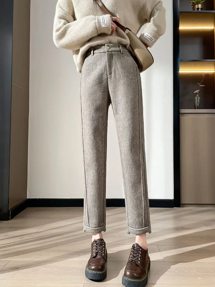 Pantalon crayon femme en tweed de laine, taille haute