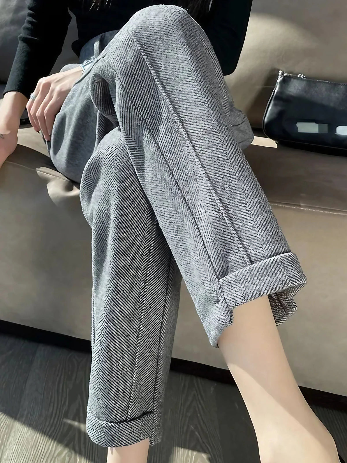 Pantalon crayon femme en tweed de laine, taille haute, gris