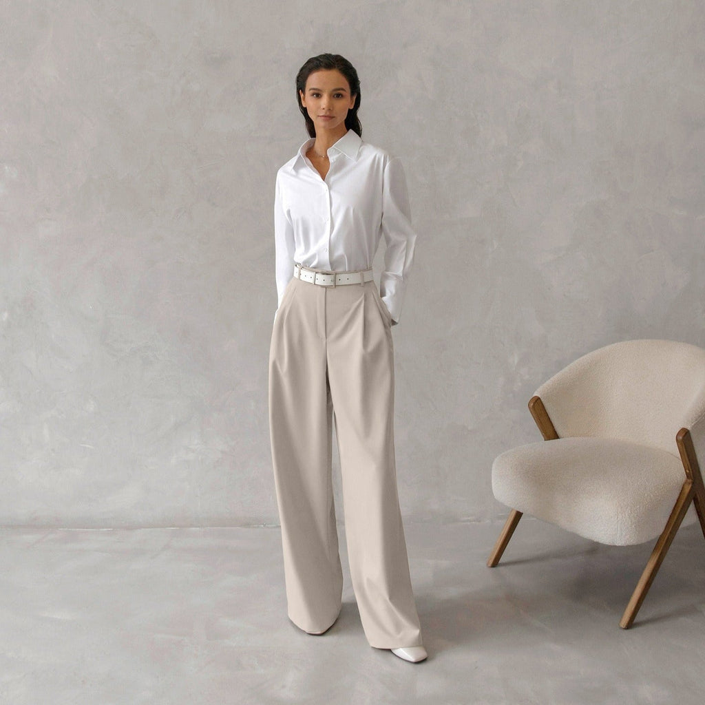 Pantalon tailleur femme taille haute, jambe large, à pinces