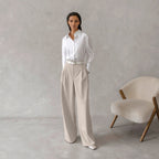 Pantalon tailleur femme taille haute, jambe large, à pinces
