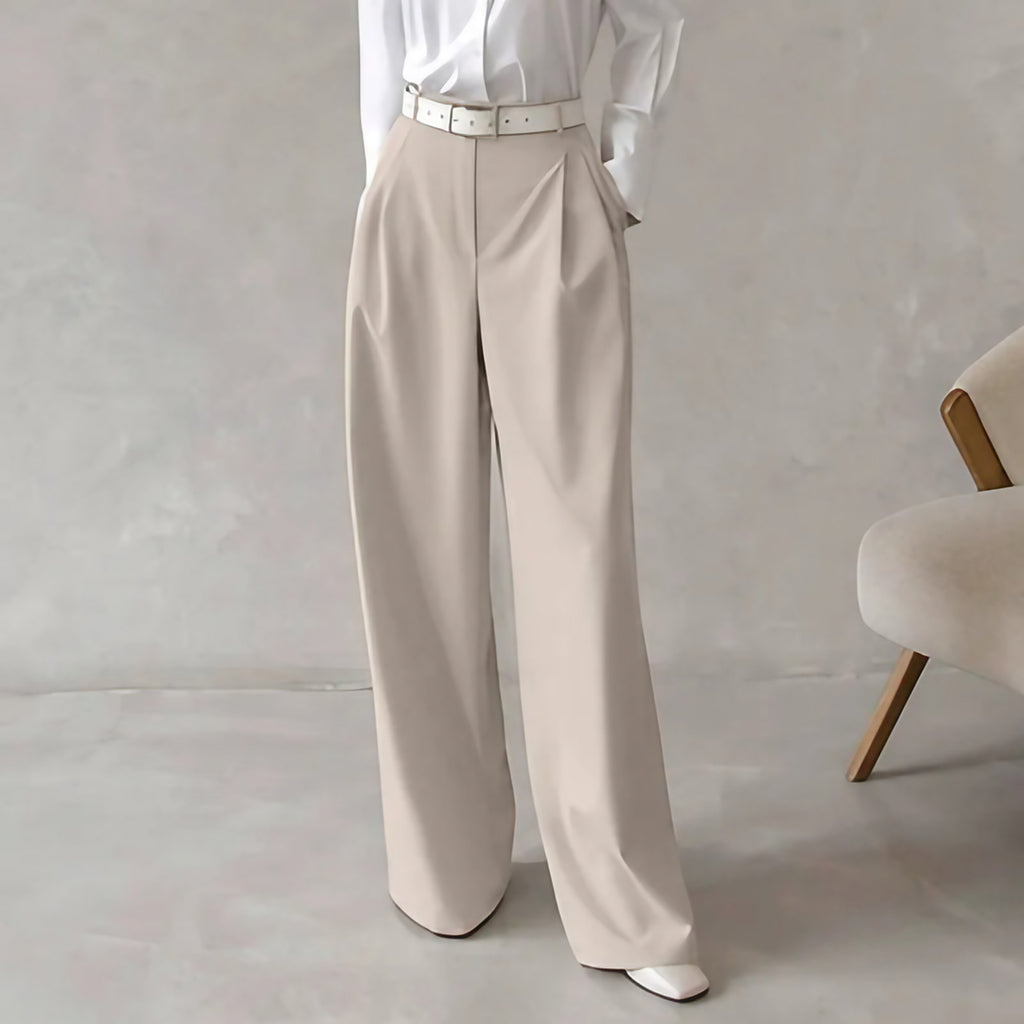 Pantalon tailleur femme taille haute, jambe large, à pinces, beige