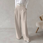 Pantalon tailleur femme taille haute, jambe large, à pinces, beige