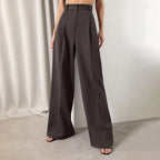 Pantalon tailleur femme taille haute, jambe large, à pinces, marron