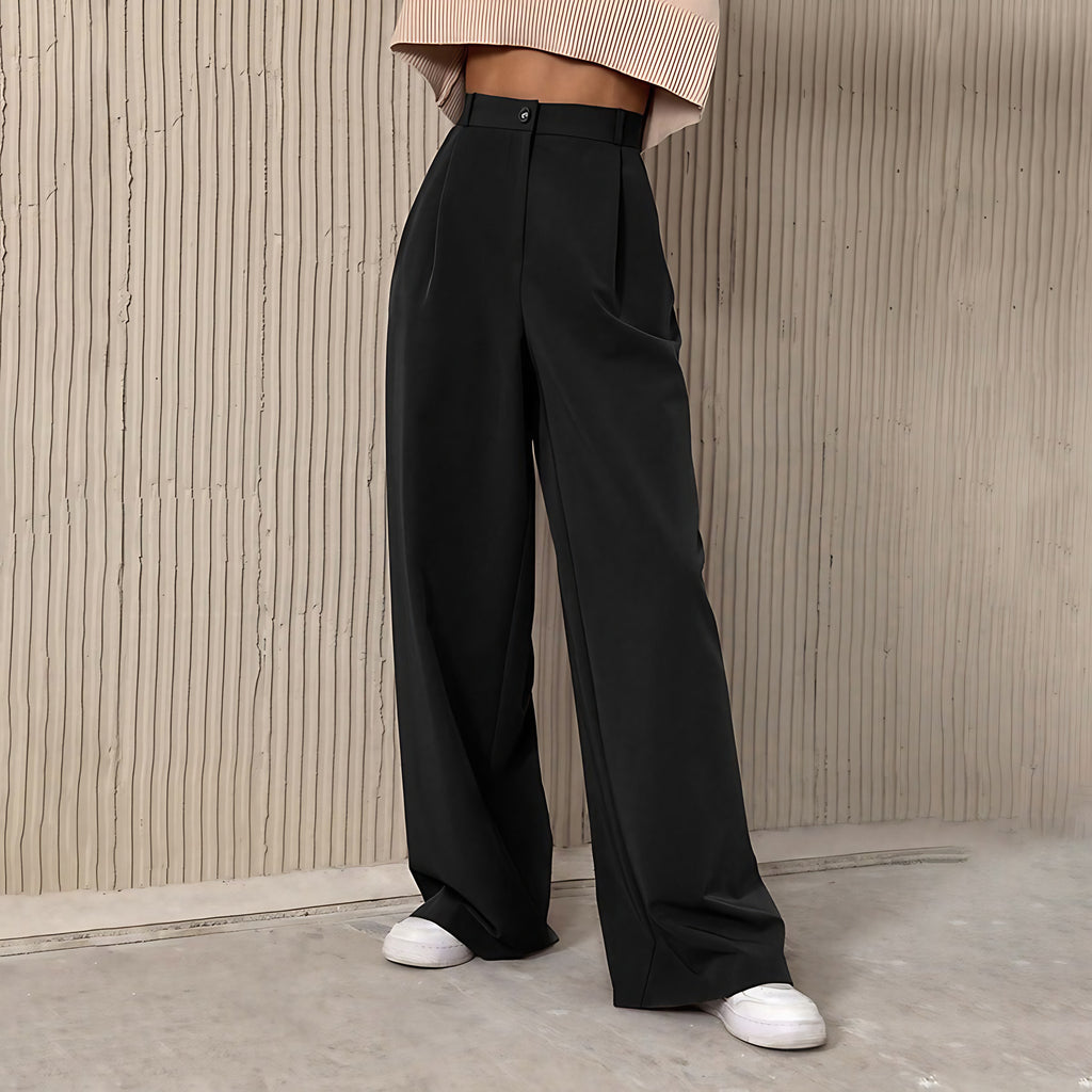 Pantalon tailleur femme taille haute, jambe large, à pinces, noir