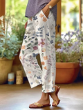 Pantalon ample femme à imprimé fleuri, taille élastique, blanc