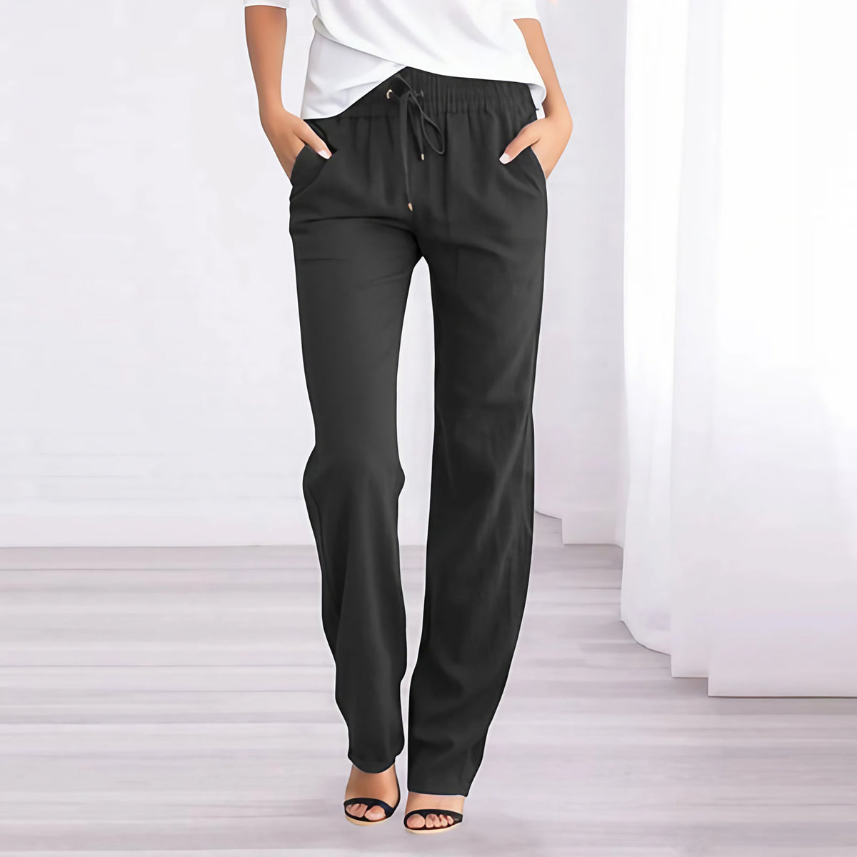 Pantalon femme jambe droite à taille élastique et poches, noir