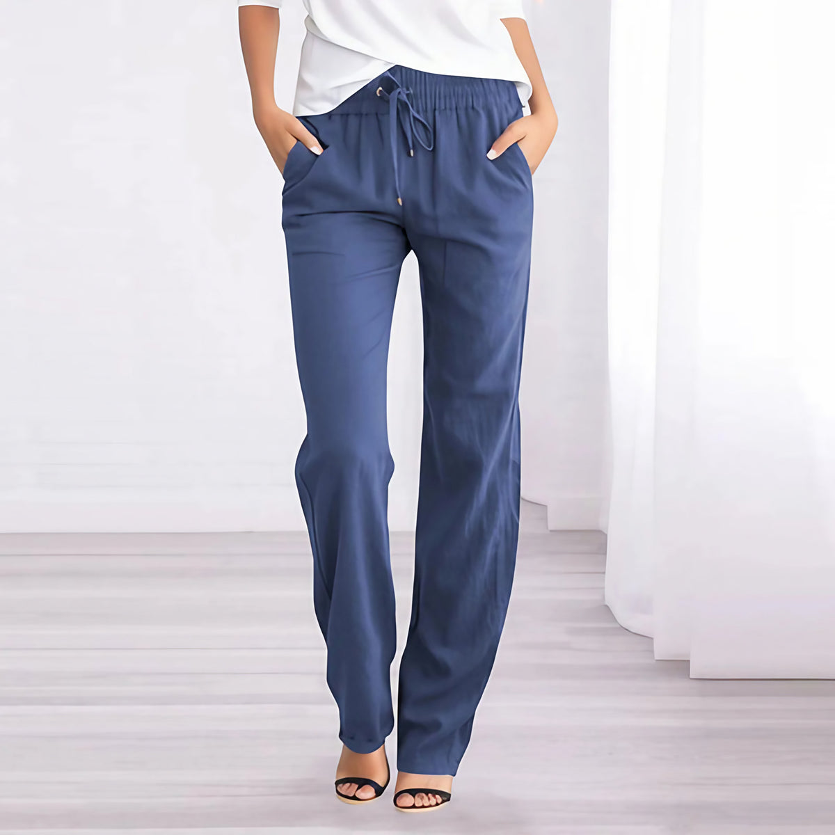 Pantalon femme jambe droite à taille élastique et poches, bleu