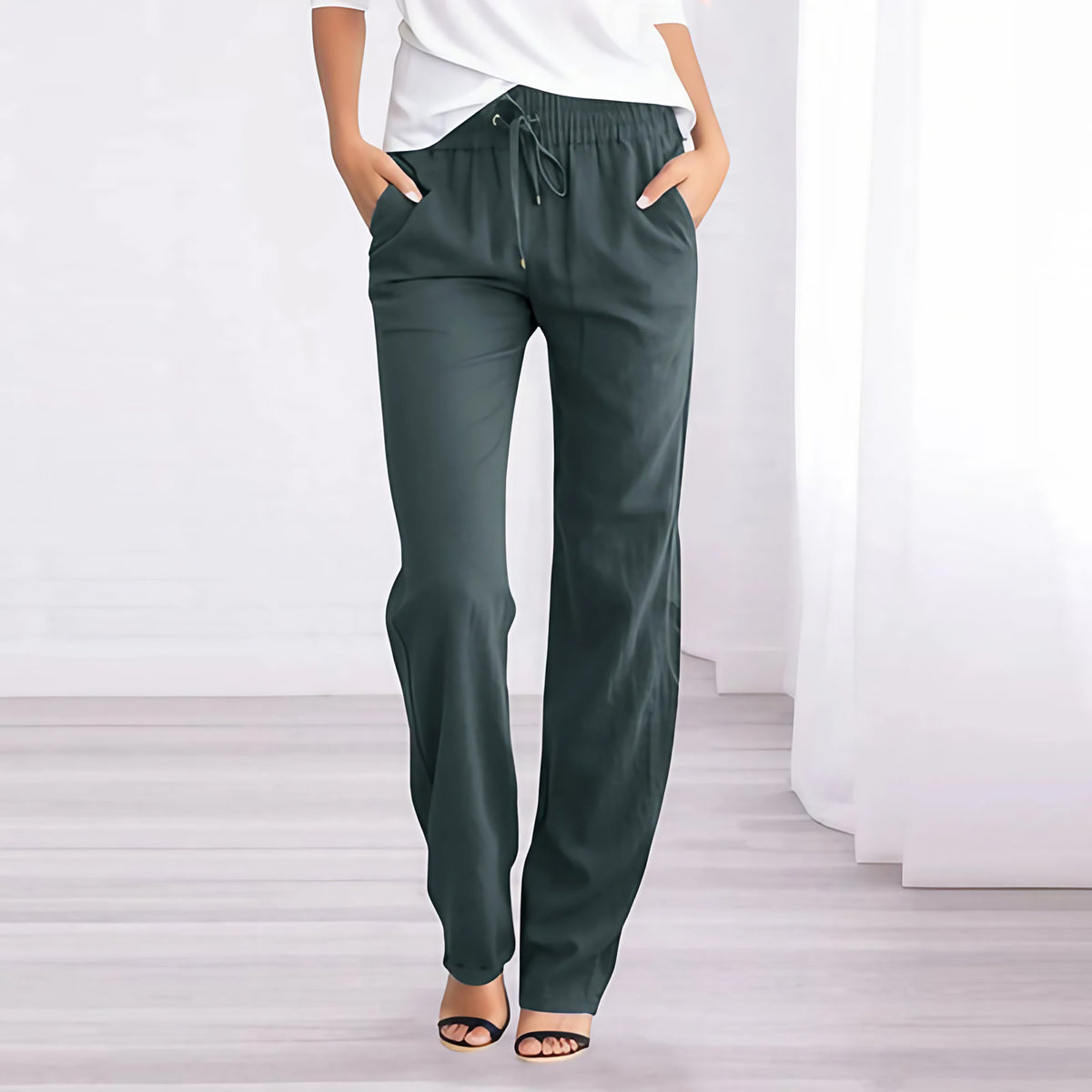 Pantalon femme jambe droite à taille élastique et poches, gris foncé