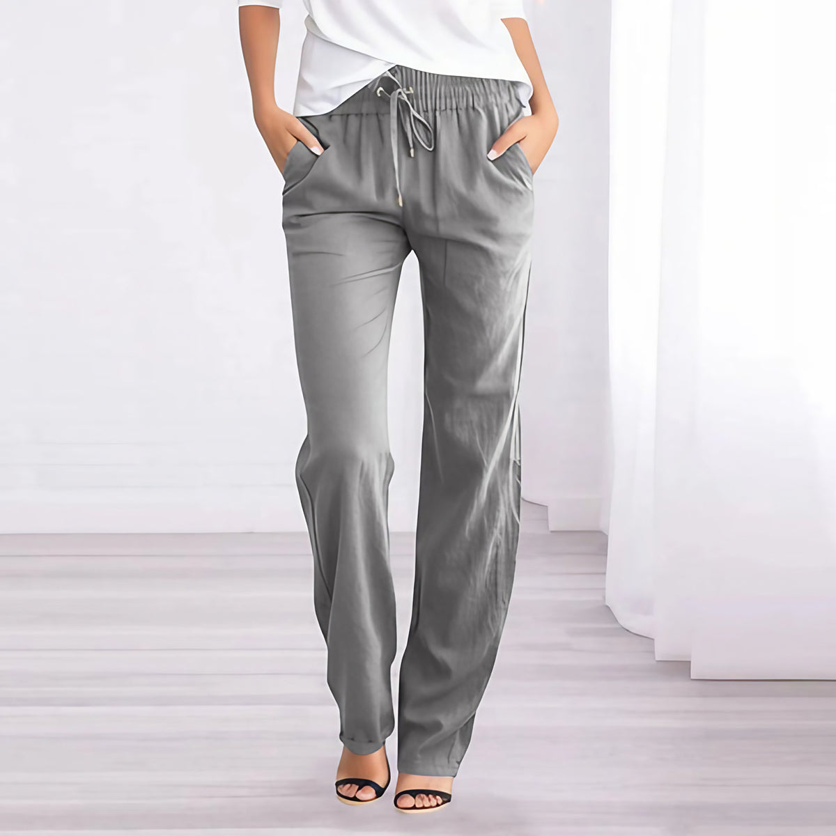 Pantalon femme jambe droite à taille élastique et poches, gris