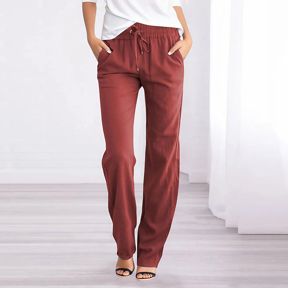 Pantalon femme jambe droite à taille élastique et poches, rouge vin