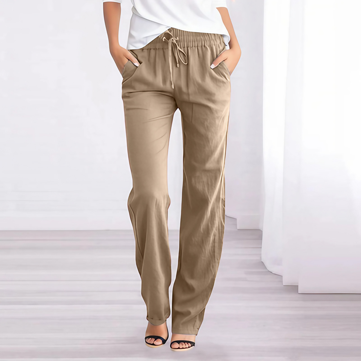 Pantalon femme jambe droite à taille élastique et poches, kaki