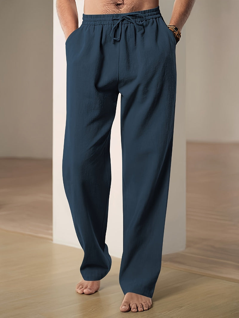 Pantalon homme taille élastique à cordon, coupe droite, poches, bleu marine