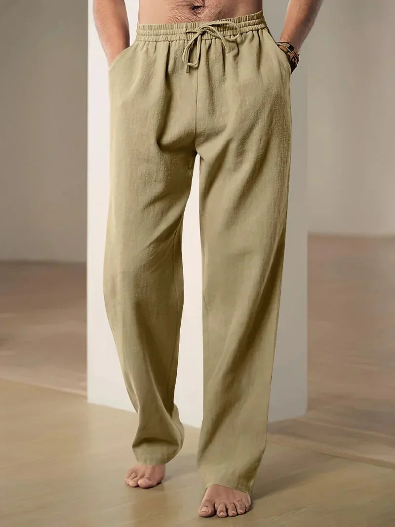 Pantalon homme taille élastique à cordon, coupe droite, poches, kaki