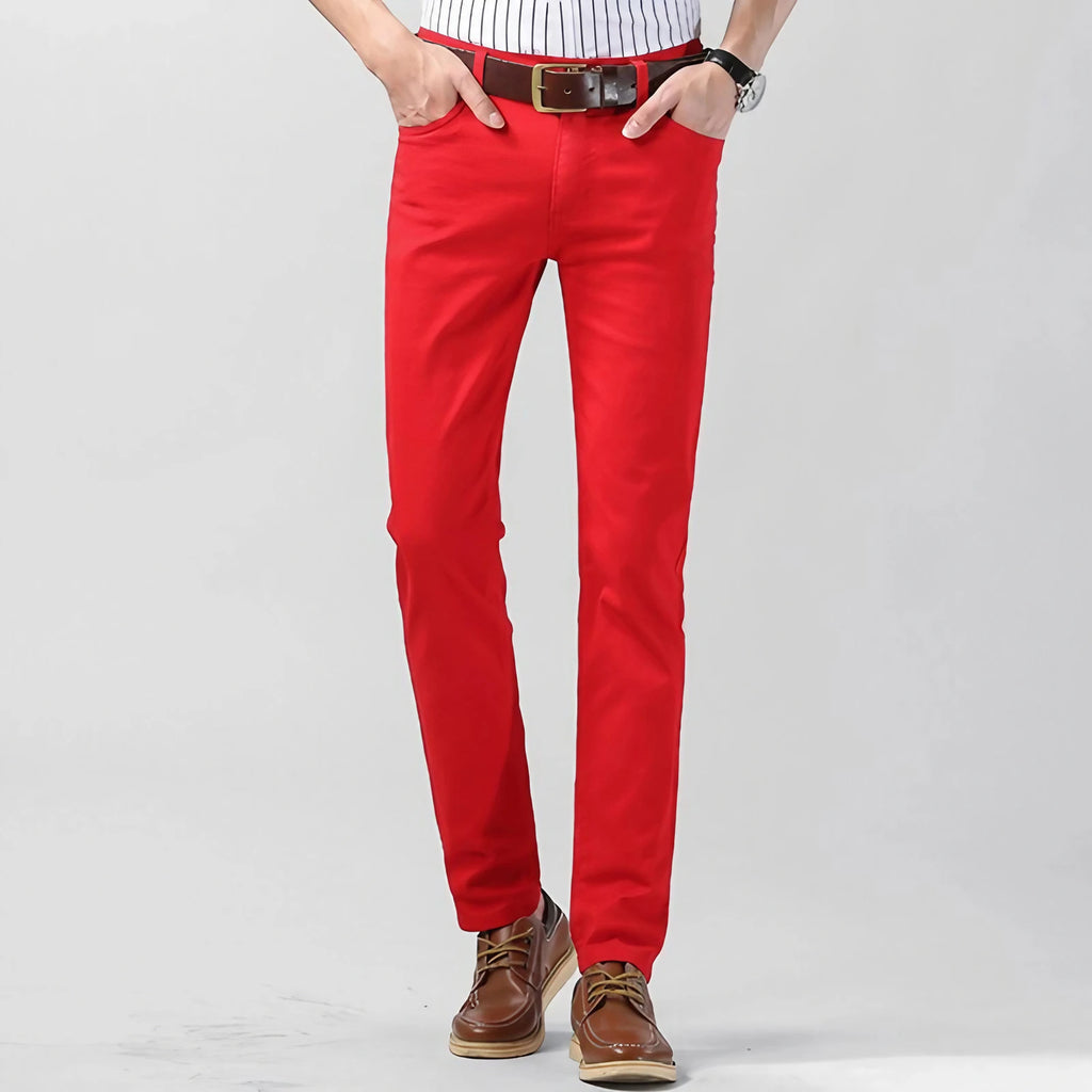 Pantalon homme extensible coupe droite, rose, jaune ou rouge, rouge